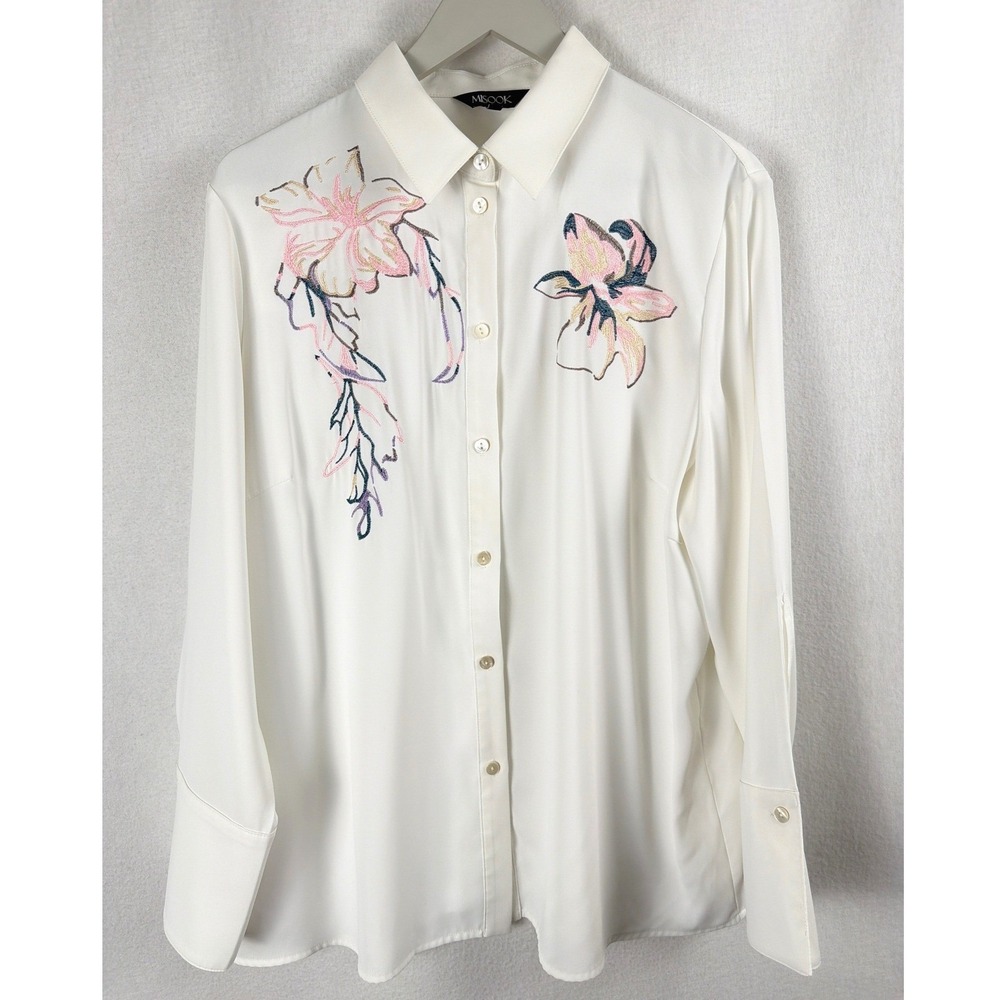 Misook Womens Ivory White Floral Embroidered Button Down Blouse Top Sz L